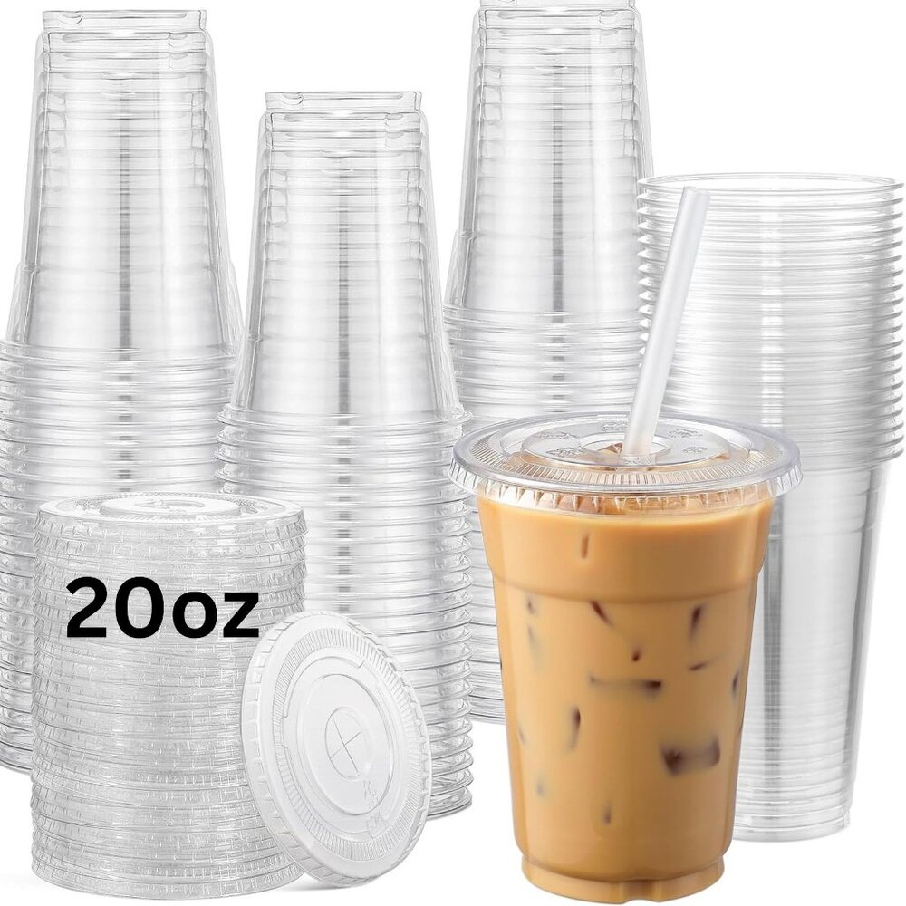 [100 Sets] 20oz Clear Plastic Cups With Lids Plus 250 Counts Paper straw…